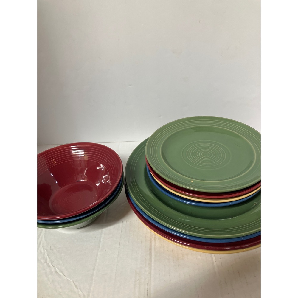 Lynns Stoneware Dinner Plates Bowls Set Red Blue Green Yellow Rustic Farmhouse